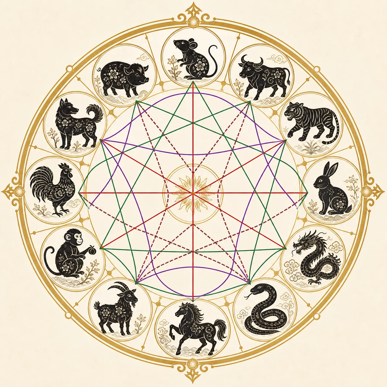 Twelve Earthly Branches (地支) Relationship Wheel — Harmonies, Clashes, Harms, and Punishments