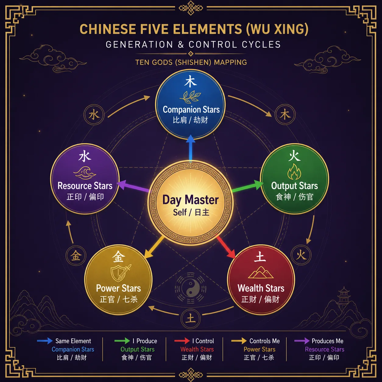 Five Elements and Ten Gods Relationship Diagram