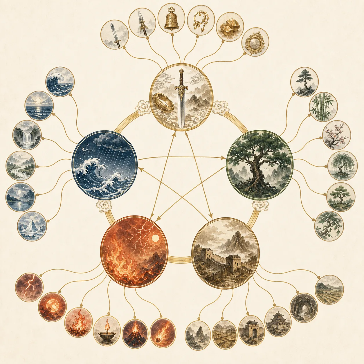 The 30 NaYin Elements and Five Elements relationship diagram
