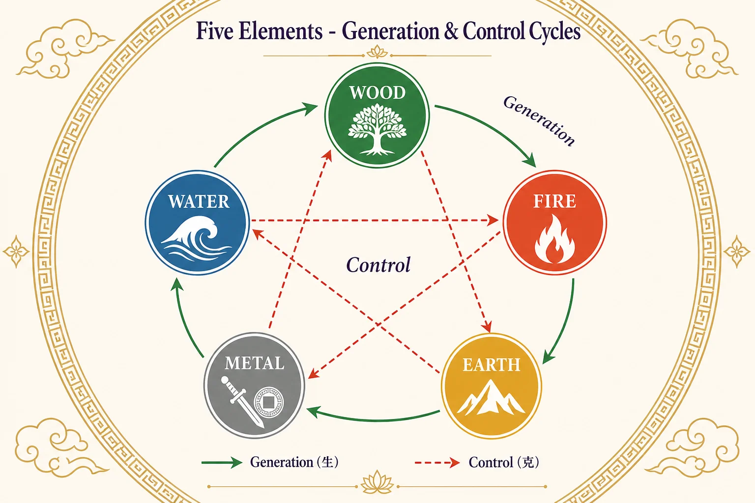 Five Elements Wu Xing generation and control cycle diagram showing Wood, Fire, Earth, Metal, Water relationships