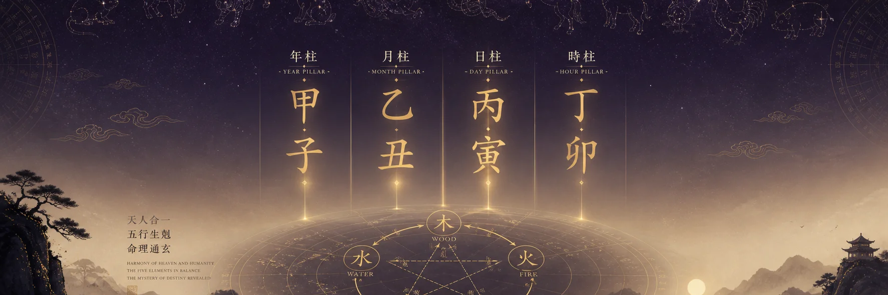 BaZi Four Pillars of Destiny cosmic birth chart visualization with golden Chinese characters and celestial constellations