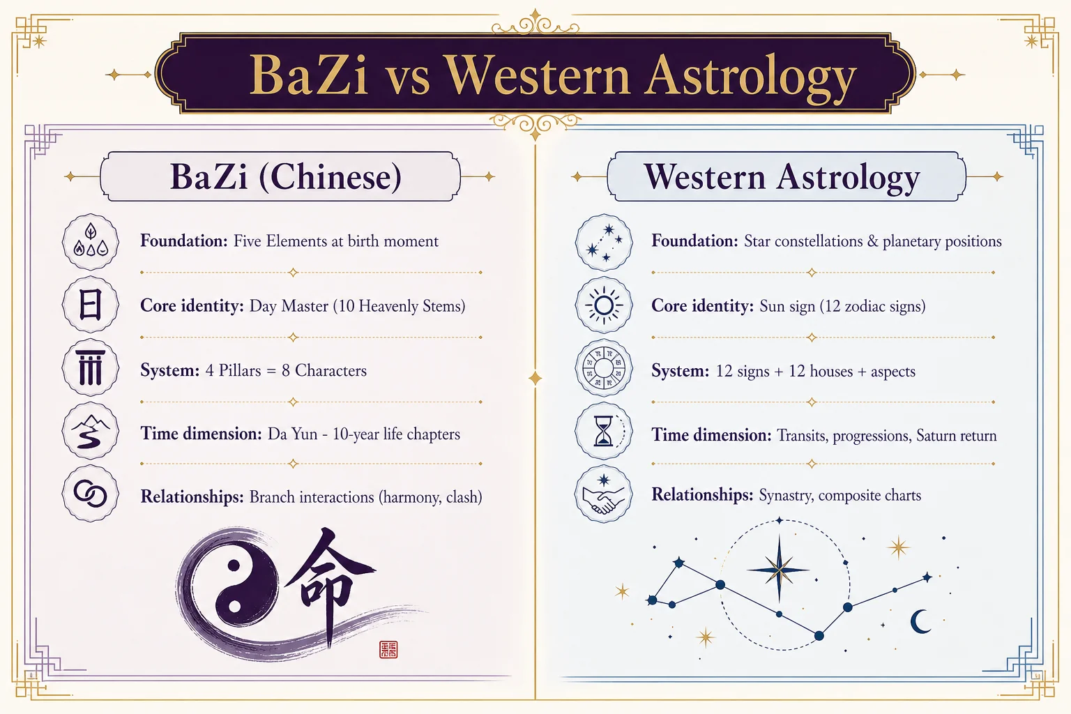 BaZi Chinese astrology vs Western astrology comparison infographic showing differences in foundation, identity system, and time cycles