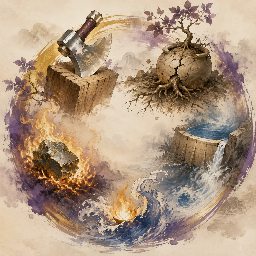 Five natural objects arranged in a restraining circle representing the Element Control (五行相克) cycle in BaZi astrology