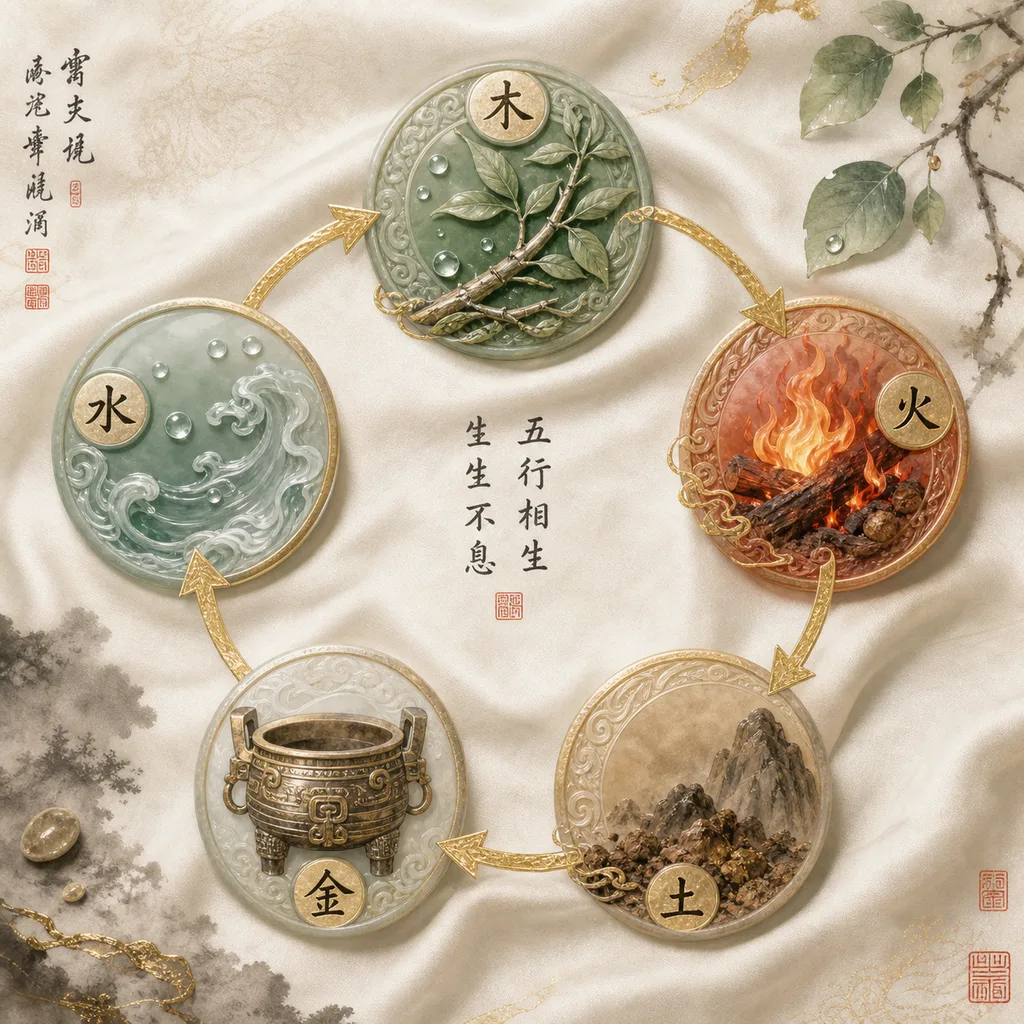 An elegant jade circular diagram showing the five elements connected by golden arrows in a nurturing cycle, representing the Element Generation (五行相生) principle in Chinese philosophy