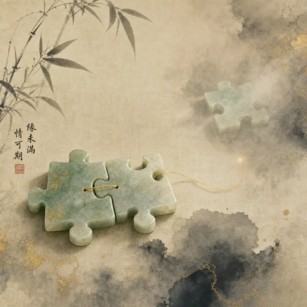 Two jade puzzle pieces connected together with a third piece separately positioned, symbolizing the Half Harmony (半合) concept in BaZi astrology where a bond is promising but incomplete