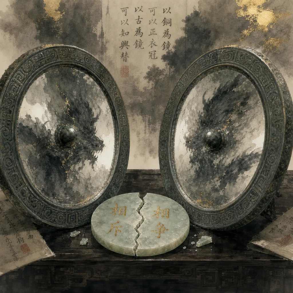 Two ornate bronze mirrors facing each other with a broken jade disc between them, representing Mutual Punishments (相刑) in Chinese astrology