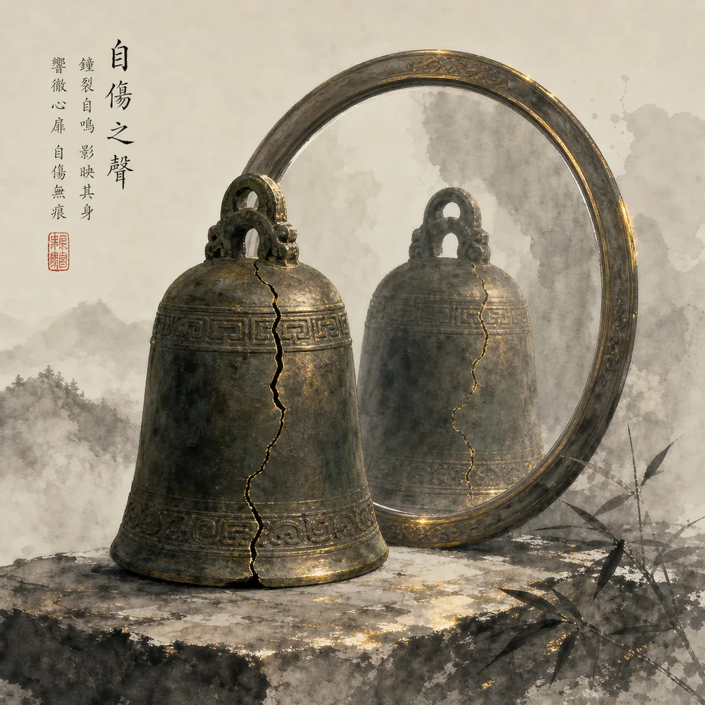 A cracked bronze bell reflected in a mirror, symbolizing Self Punishments (自刑) in BaZi