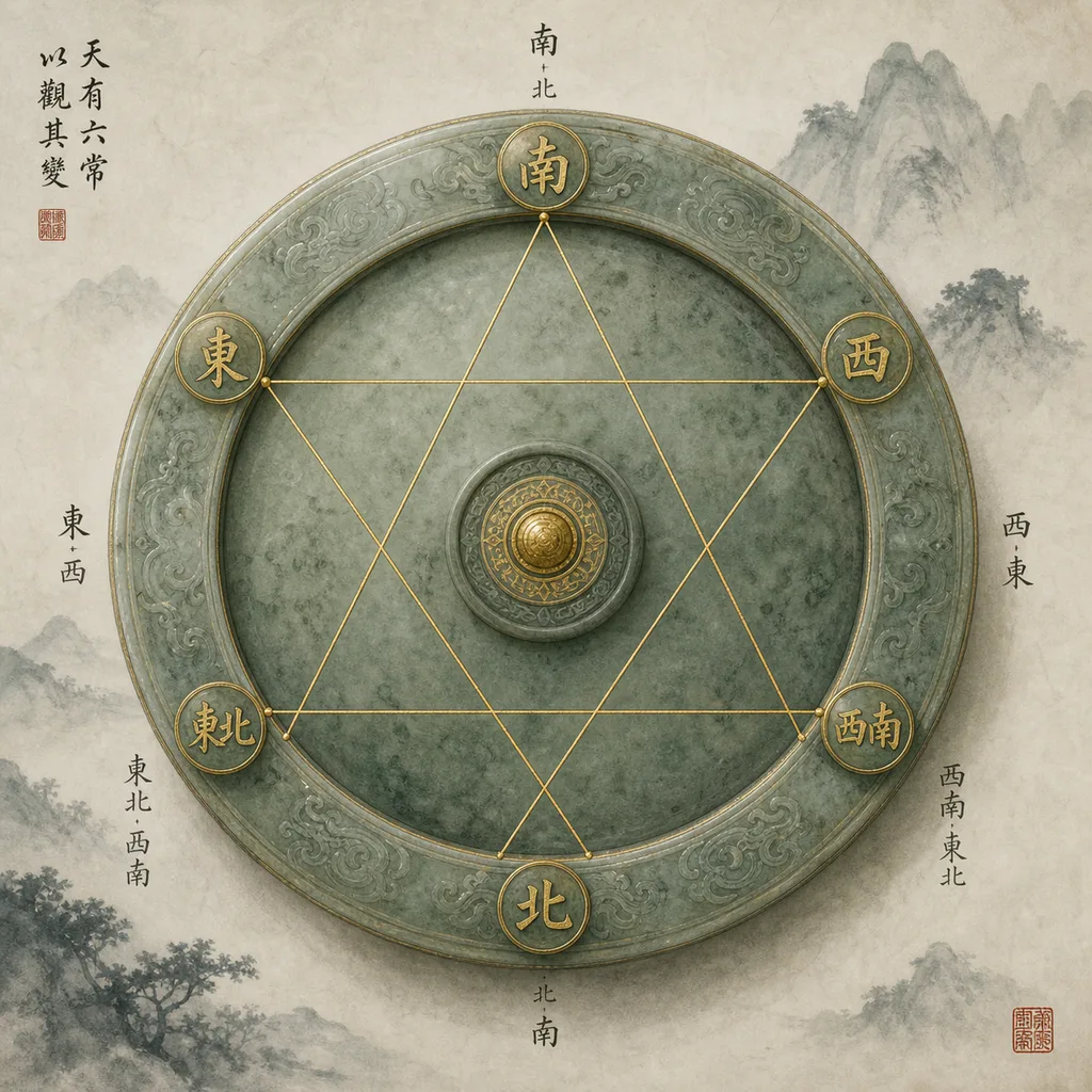 An ancient jade compass with six pairs of opposing positions connected by taut golden lines, representing the Six Clashes (六冲) pattern in Chinese astrology
