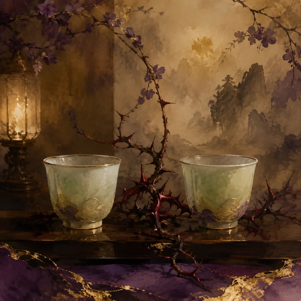 Two elegant jade cups with a thorny vine growing between them, representing the Six Harms (六害) in Chinese astrology