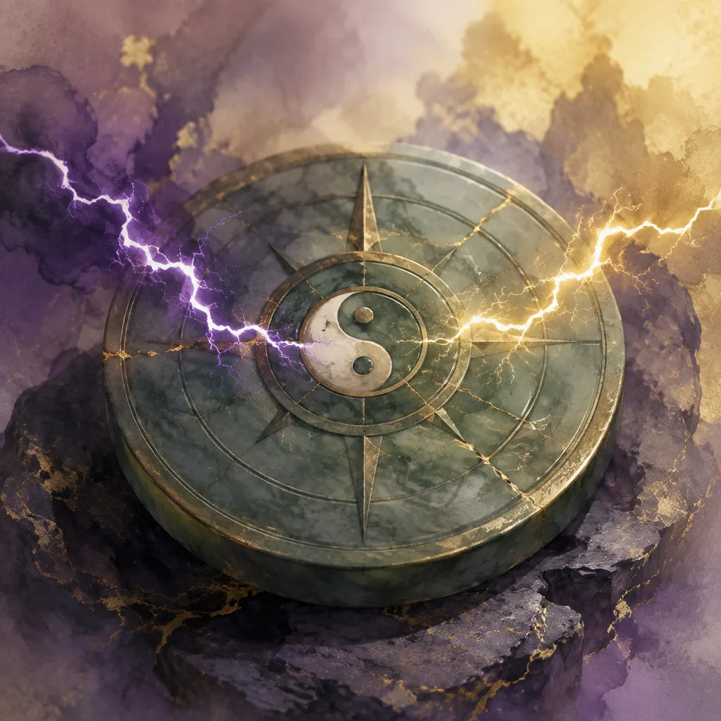 A jade compass with a yin-yang center crackling with purple and gold lightning, representing Heavenly Stem Clashes (天干相冲) in BaZi