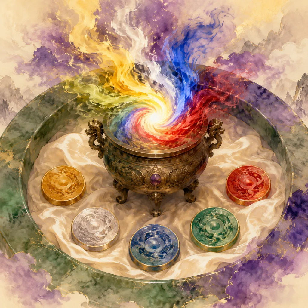 A bronze alchemy crucible with five colored flames spiraling inward, representing the Five Heavenly Stem Combinations (天干五合) in Chinese astrology