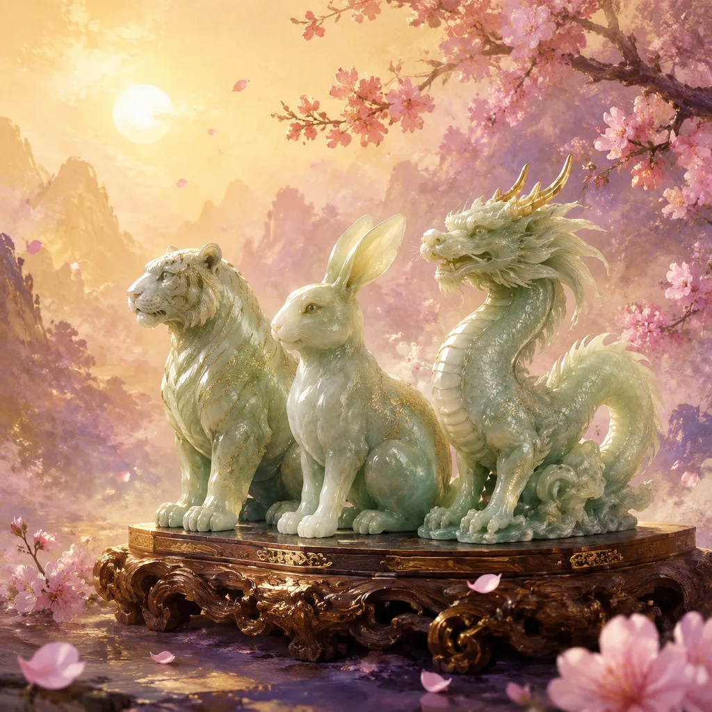 Three jade animal figurines arranged in triangular formation representing the Three Directions (三会) seasonal unity in BaZi astrology