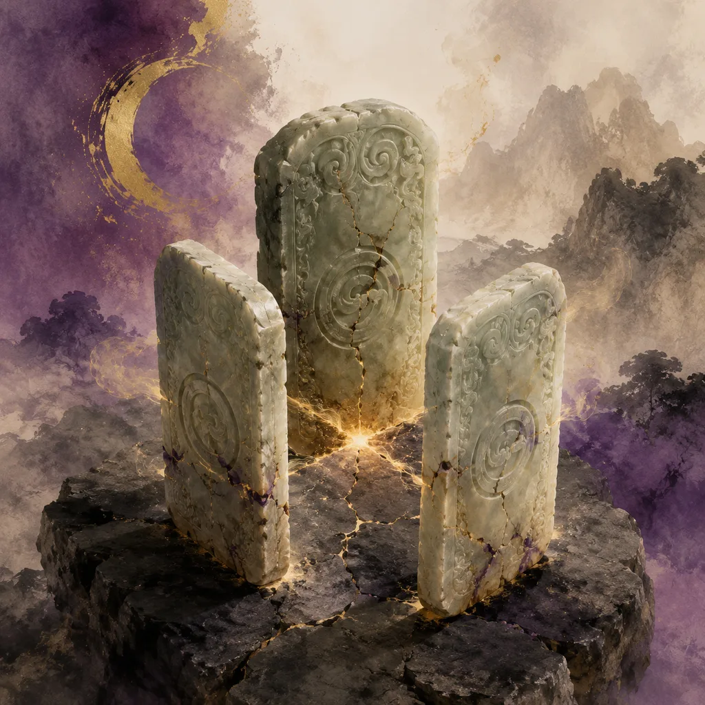 Three ancient jade tablets in a tense triangular formation with cracks radiating from their meeting point, representing the Three Punishments (三刑) in BaZi