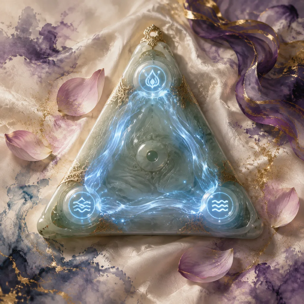 A jade triangular pendant with three glowing points connected by flowing energy lines, representing the Triple Harmonies (三合) concept in Chinese astrology