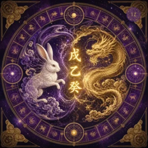 BaZi month pillar transition from Rabbit to Dragon branch with hidden stems Wu Yi Gui glowing in gold