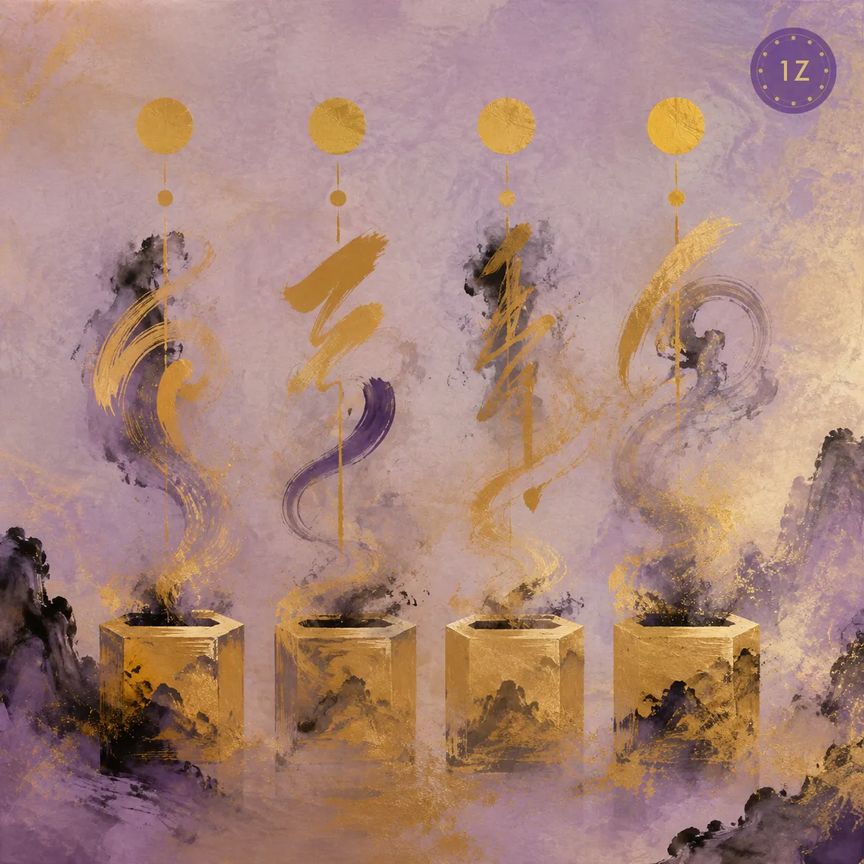Four Pillars chart with earth branches shown in antique gold on purple rice paper