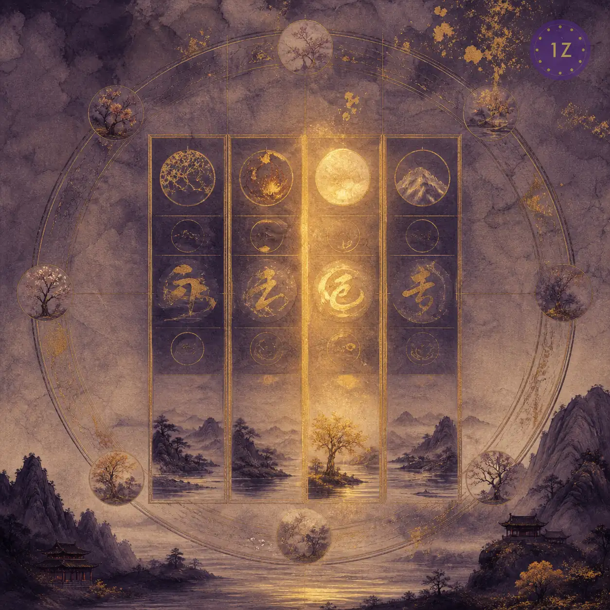 Four Pillars BaZi chart layout showing year month day hour pillars with day pillar highlighted in ink-wash purple and gold