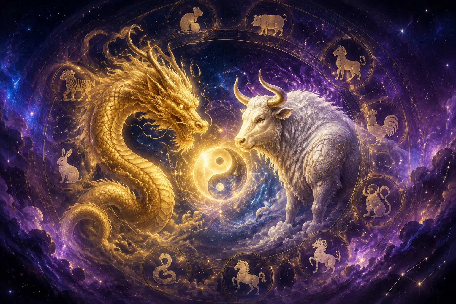 Chinese zodiac compatibility overview — two complementary zodiac animals connected by a yin-yang symbol, representing the ancient system of harmonies and clashes