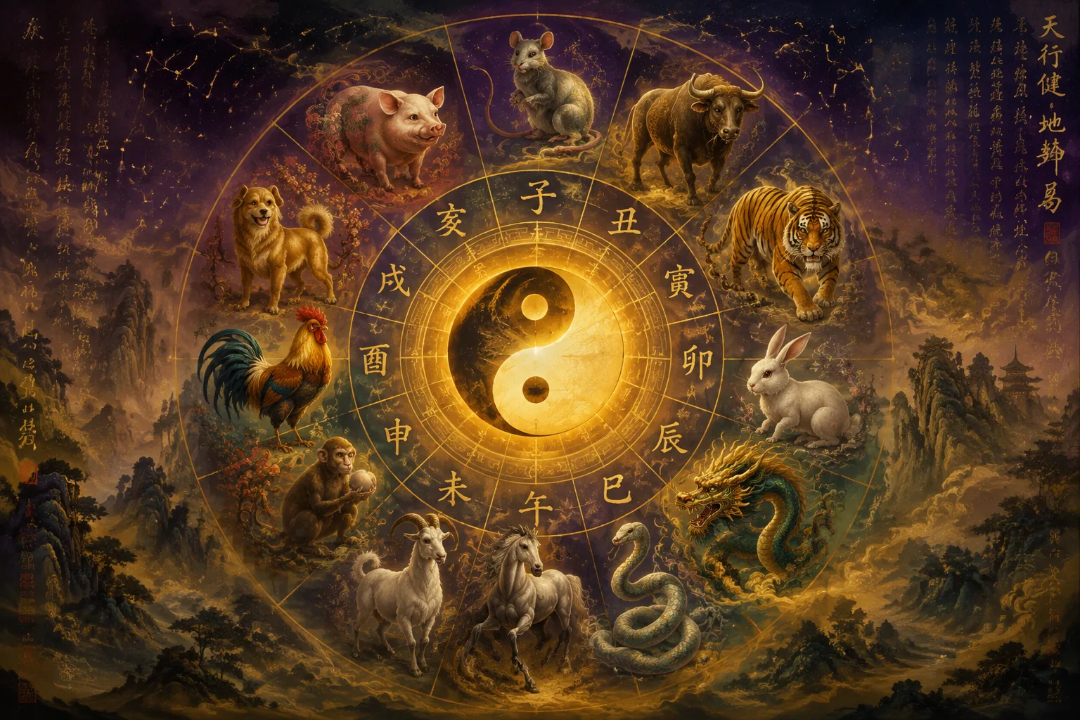Chinese zodiac guide overview — twelve zodiac animals arranged around a yin-yang symbol, representing the complete 60-year cycle system