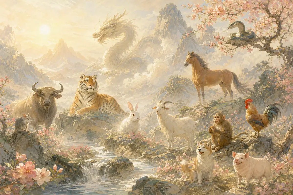 The 12 Chinese Zodiac Signs - Watercolor Illustration