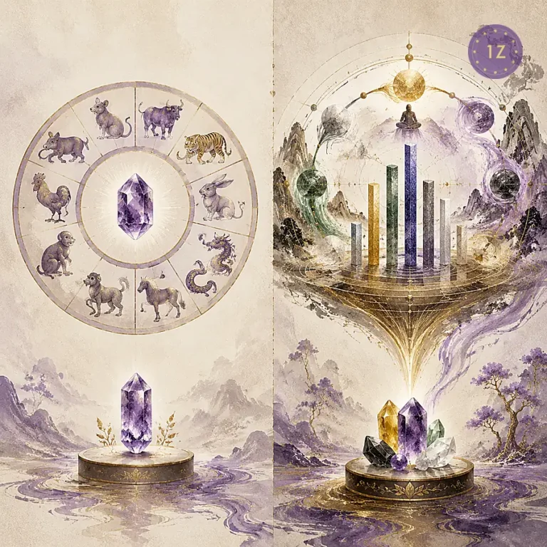 Comparison diagram showing the standard zodiac birthstone method versus the Favorable Element BaZi method, with five element color circles