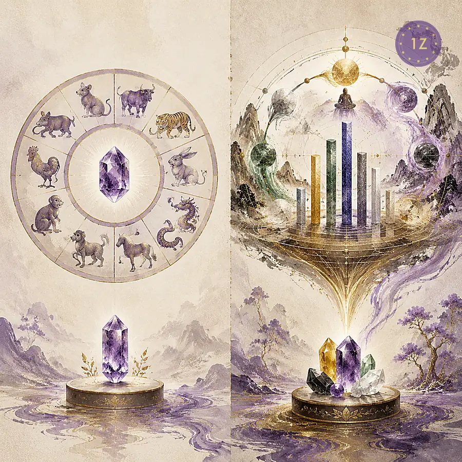 Comparison diagram showing the standard zodiac birthstone method versus the Favorable Element BaZi method, with five element color circles