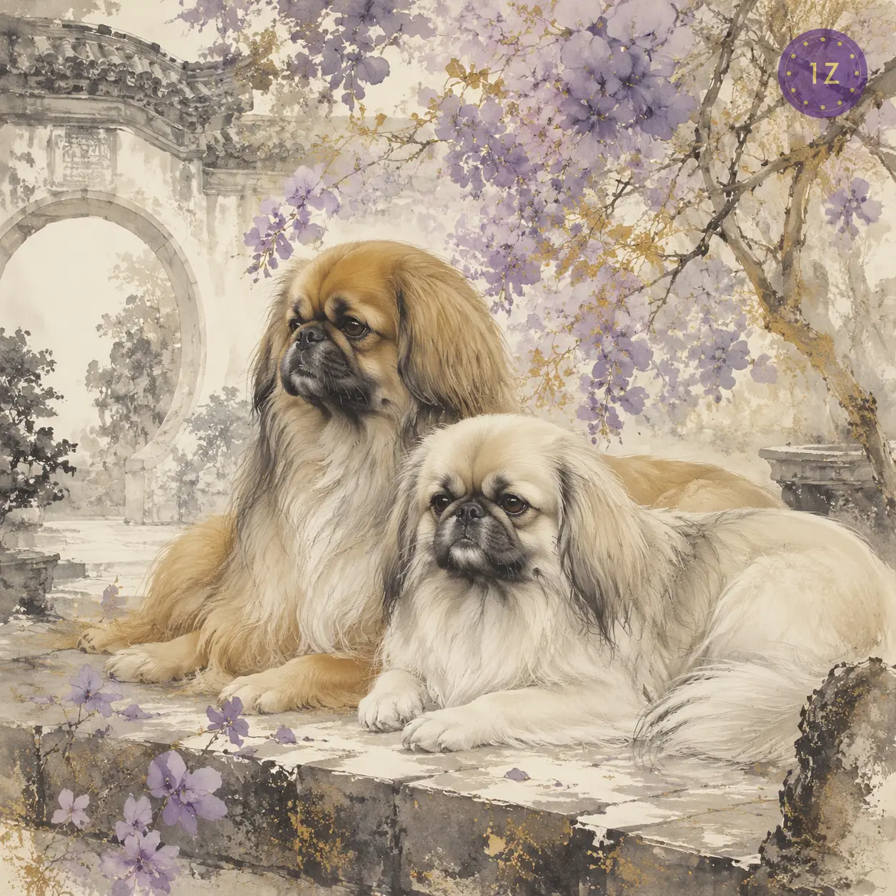 Two dogs resting peacefully in a purple gold garden symbolizing compatibility