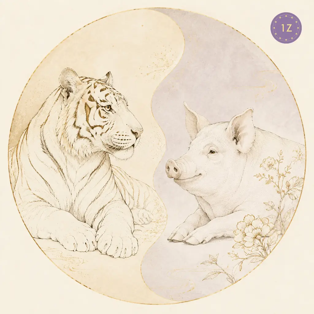 Two minimal gold-line tigers facing across a divided light circle