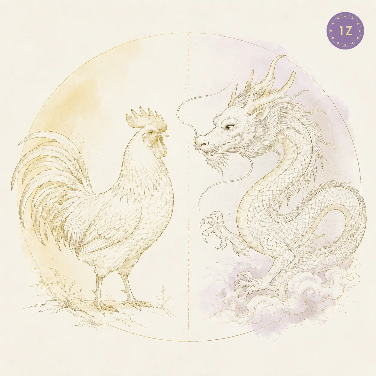 Two minimal gold-line roosters facing across a divided light circle