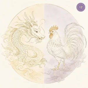 Two minimal gold-line dragons facing across a divided light circle