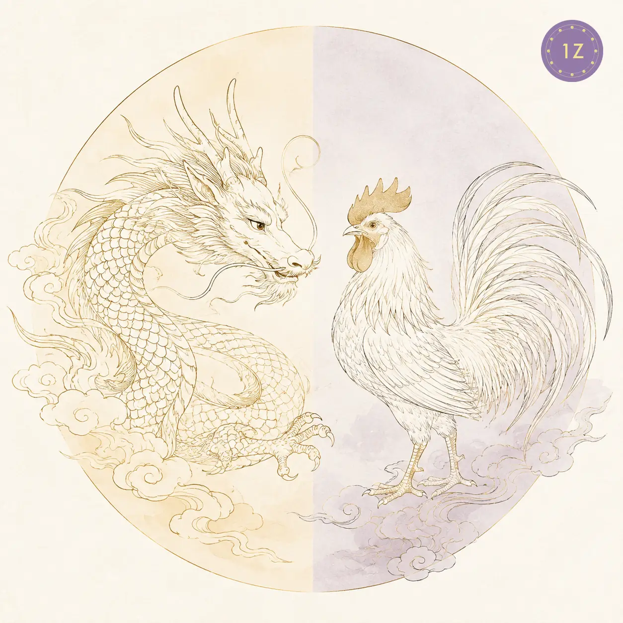 Two minimal gold-line dragons facing across a divided light circle