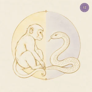 Two minimal gold-line monkeys facing across a divided light circle