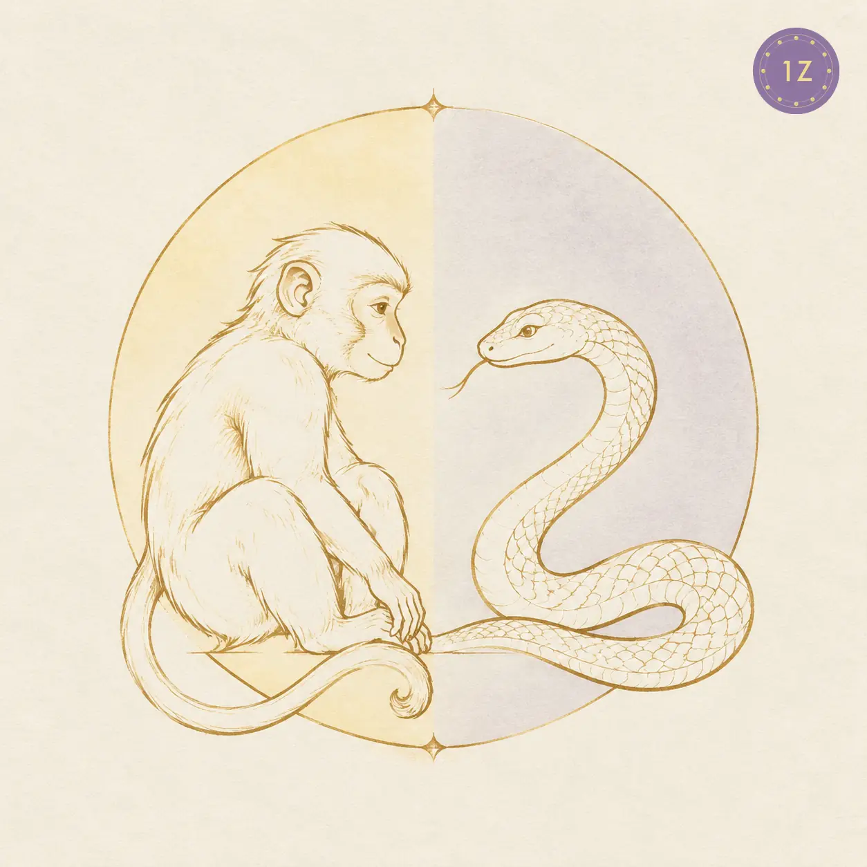 Two minimal gold-line monkeys facing across a divided light circle