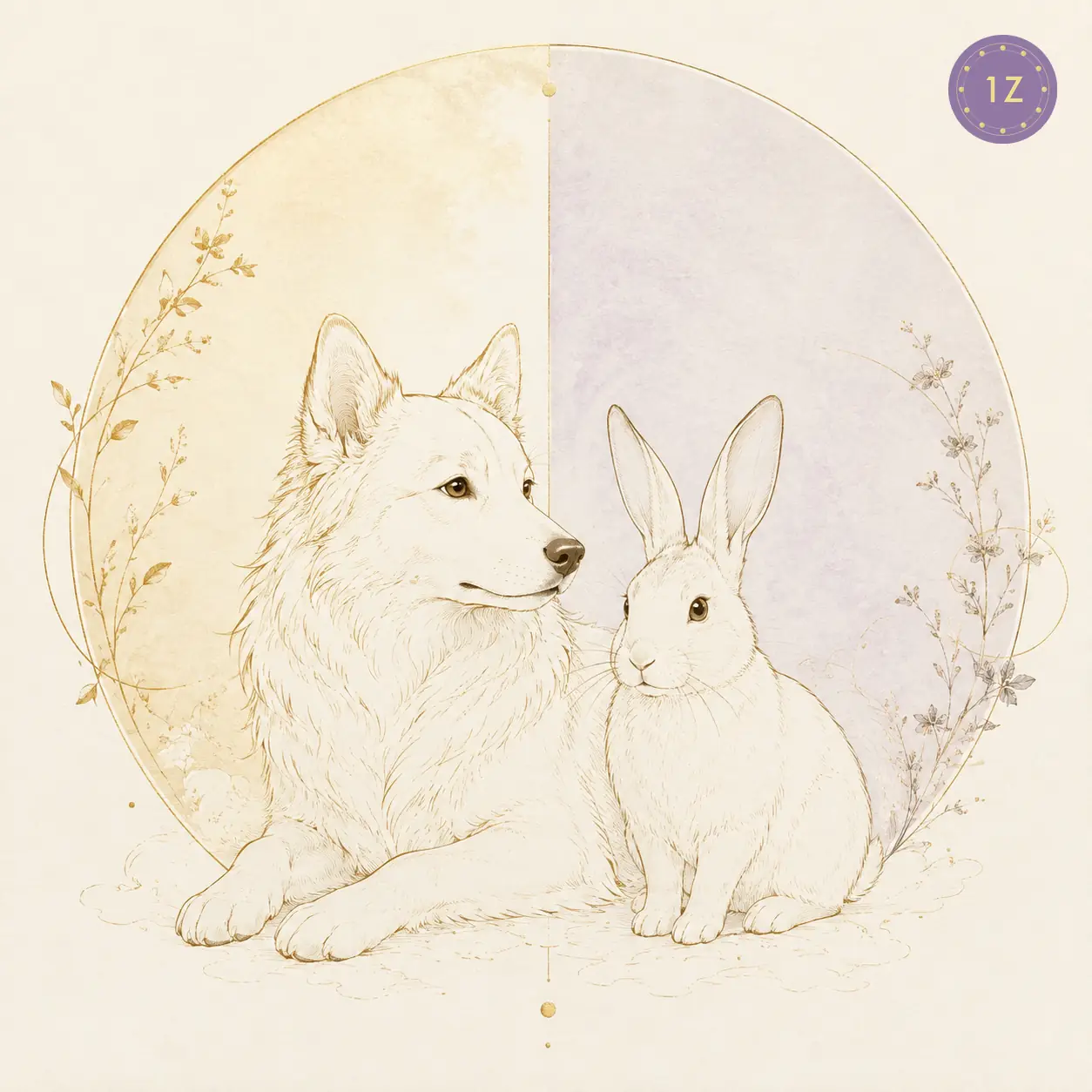 Two minimal gold-line dogs facing across a divided light circle