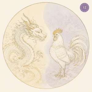 Two minimal gold-line dragons facing across a divided light circle