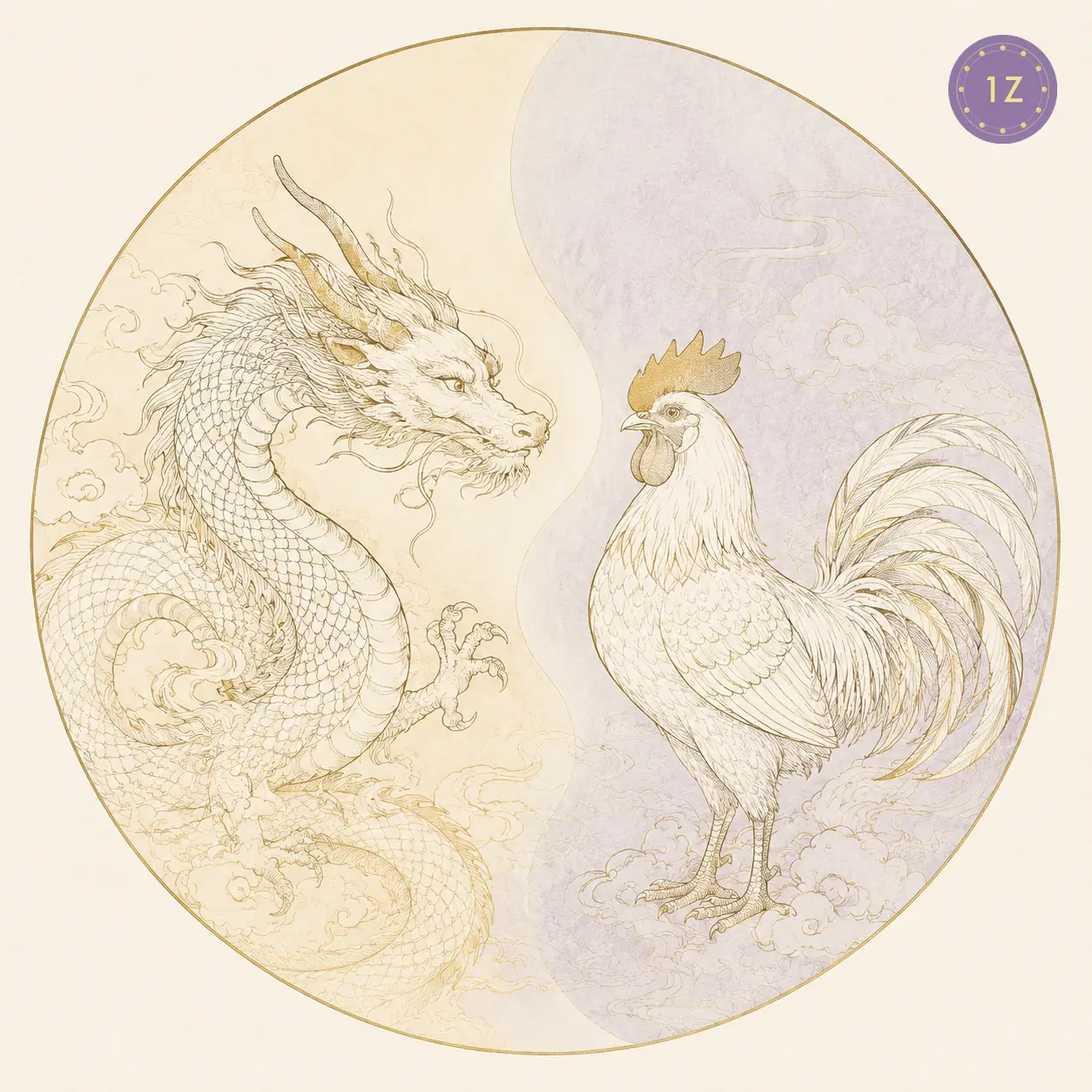 Two minimal gold-line dragons facing across a divided light circle