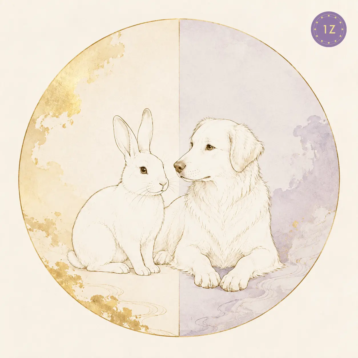 Two minimal gold-line rabbits facing across a divided light circle