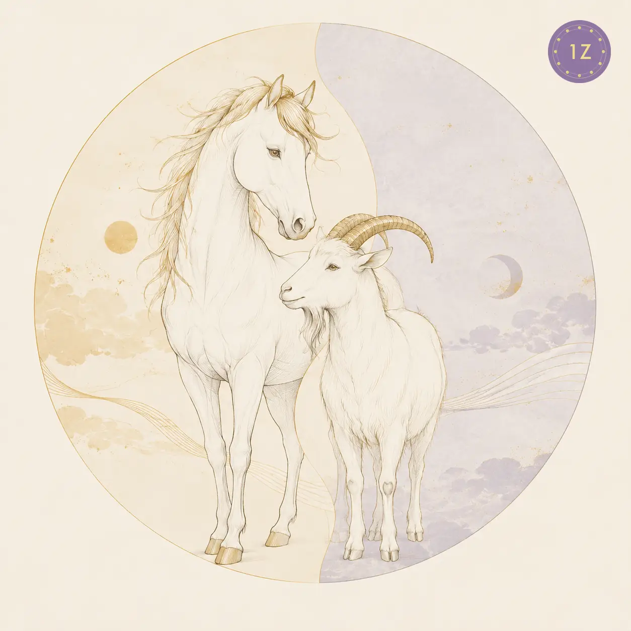 Two minimal gold-line horses facing across a divided light circle