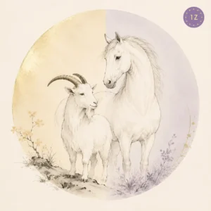 Two minimal gold-line goats facing across a divided light circle
