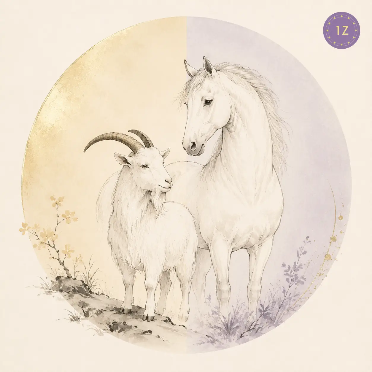 Two minimal gold-line goats facing across a divided light circle