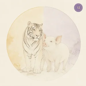 Two minimal gold-line tigers facing across a divided light circle