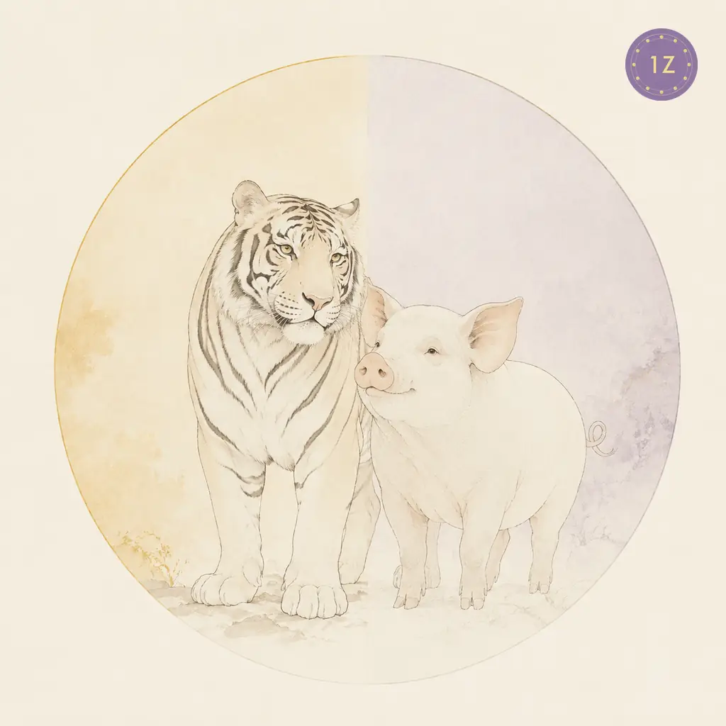 Two minimal gold-line tigers facing across a divided light circle