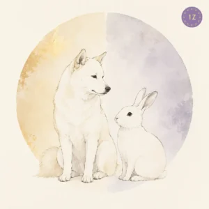 Two minimal gold-line dogs facing across a divided light circle