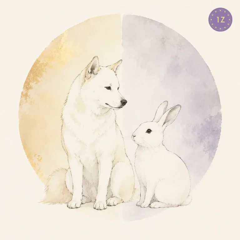 Two minimal gold-line dogs facing across a divided light circle