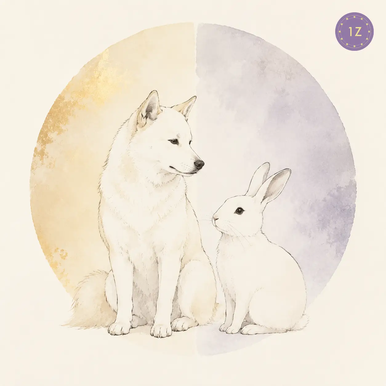 Two minimal gold-line dogs facing across a divided light circle