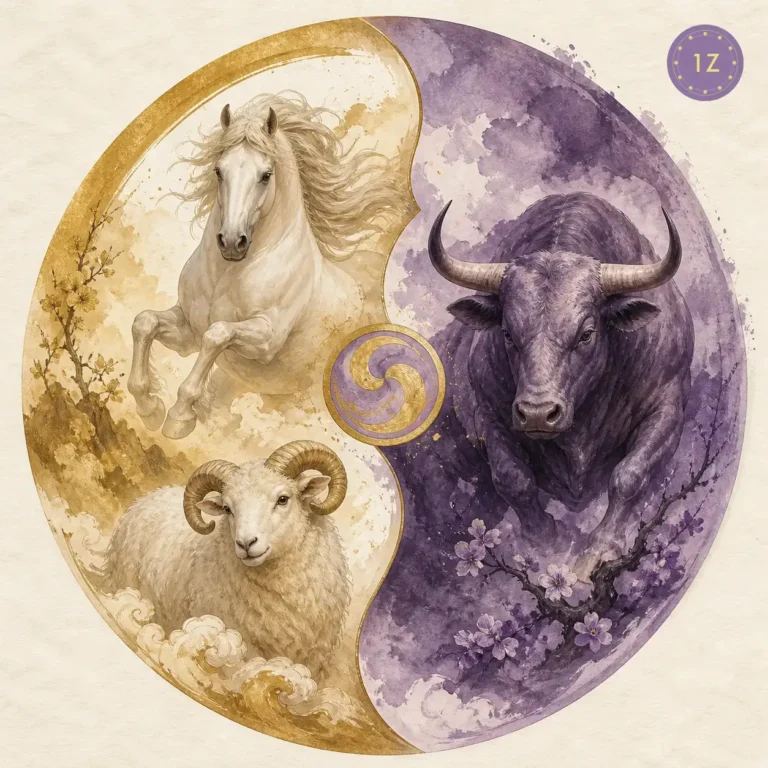 Compatibility matrix showing Sheep Goat pairings with Horse harmony and Ox clash in soft purple ink-wash style