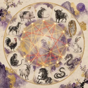 Zodiac compatibility matrix showing harmony pairs in golden lines and clash pairs in red