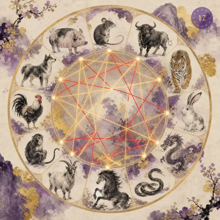 Zodiac compatibility matrix showing harmony pairs in golden lines and clash pairs in red