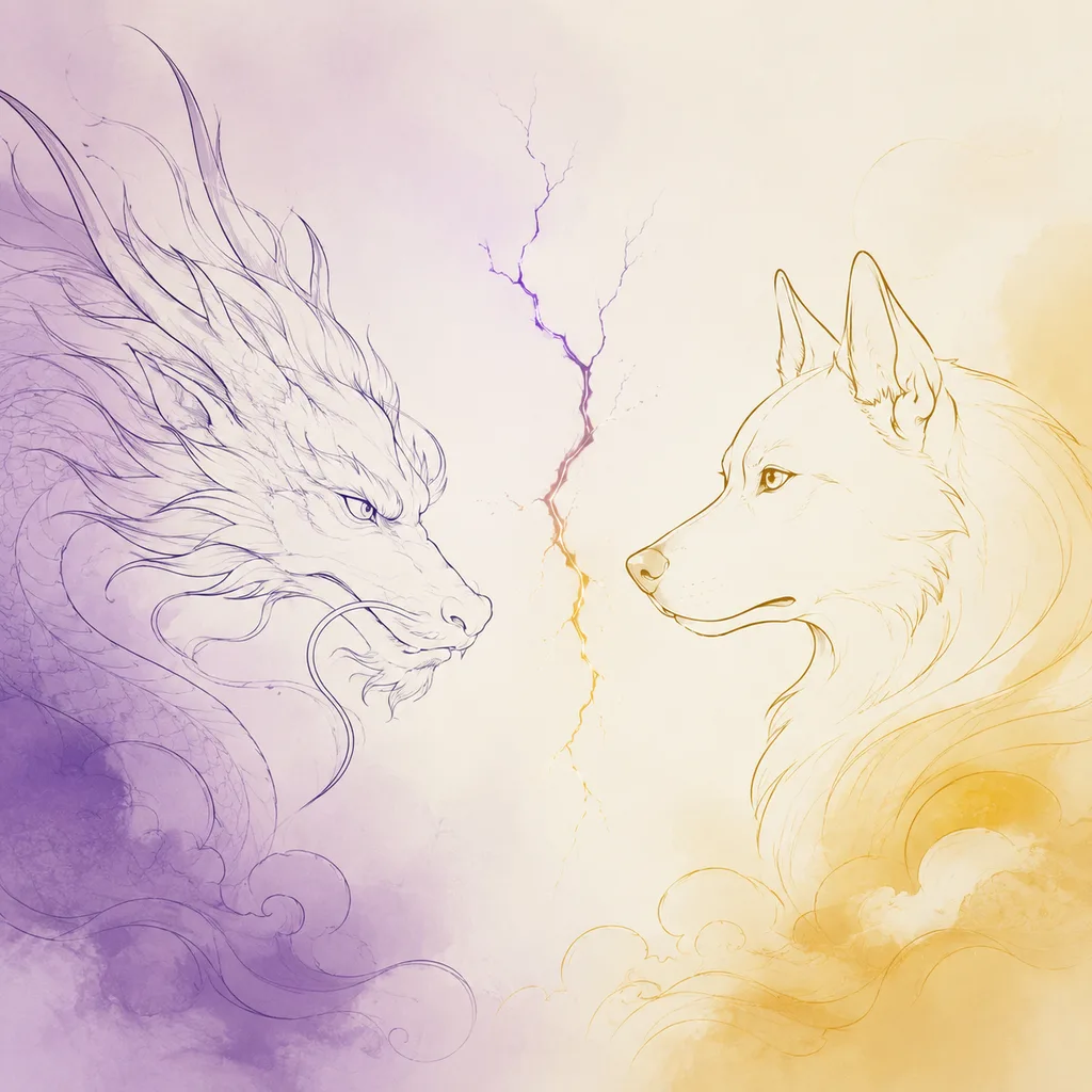 Dragon and Dog zodiac pairing concept illustration - Liu Chong (Six Clash) - minimalist line art