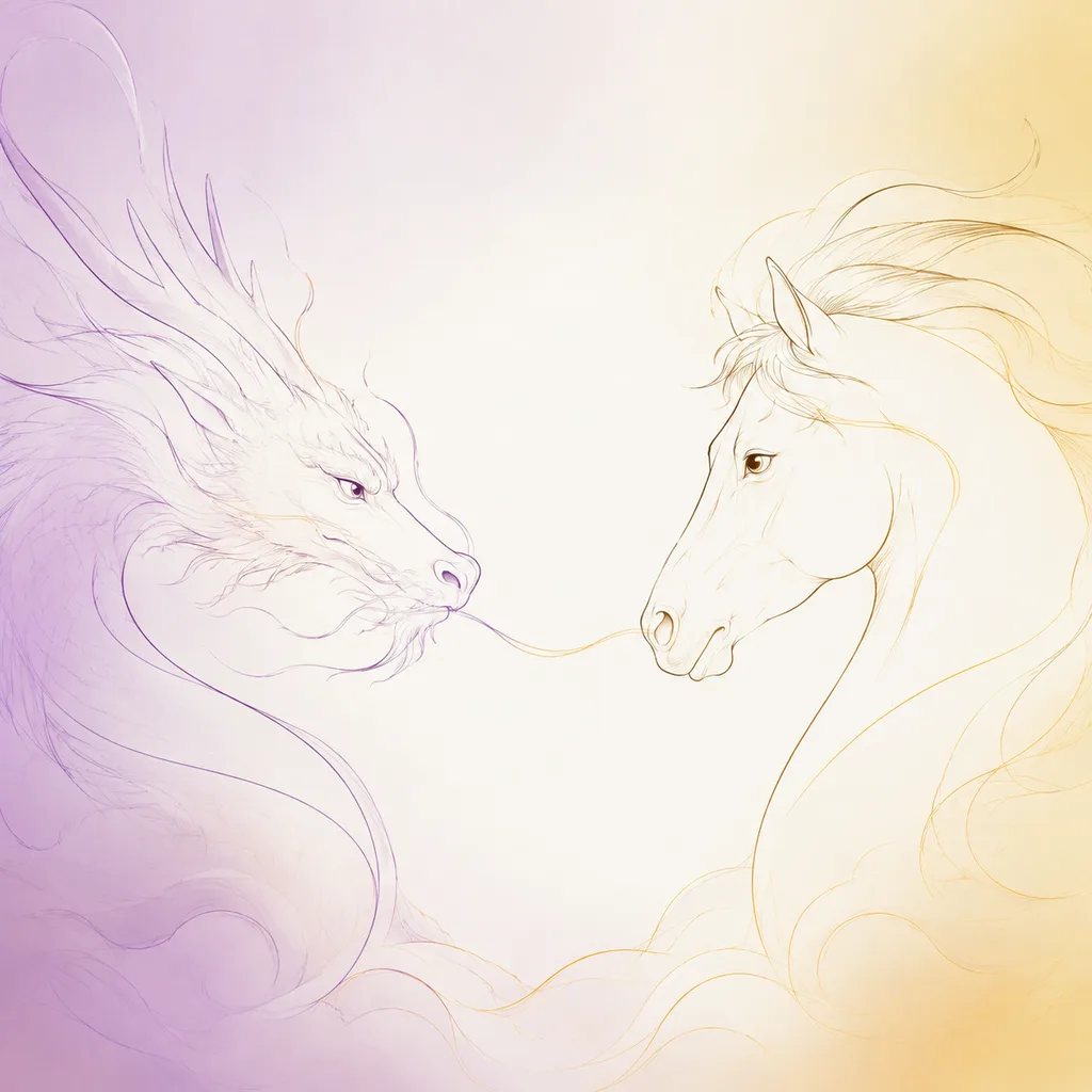 Dragon and Horse zodiac pairing concept illustration - Compatibility - minimalist line art